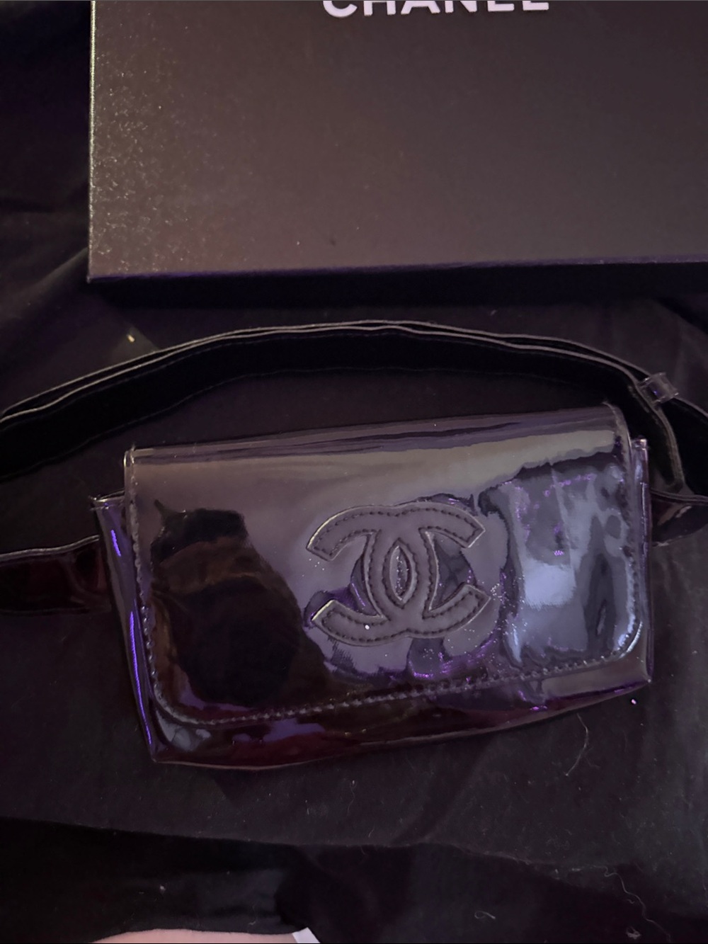 CHANEL Black Patent Leather CC Belt Bag